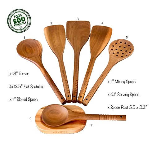 VERY NITTY Very Beautiful Kitchen Utensil Set, 7pc Wooden Cooking Utensils, Spoons and Spatula Set with Spoon Rest. Wood Kitchen Gadgets, Tools and Supplies for Cooking, Baking, Mixing and Salad Bowl - Image 7