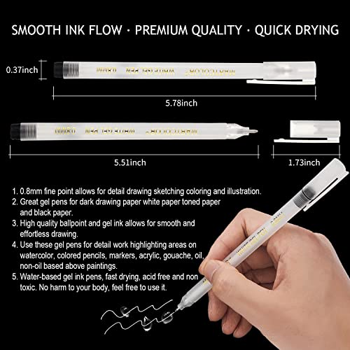 MARTCOLOR White Gel Pens Set, 6 Pack, 0.8mm Fine Point Pens Gel Ink Pens For Artists, Archival Ink Pens, White highlight Pens for Black Paper Drawing, Illustration, Sketching, Writing - Image 8