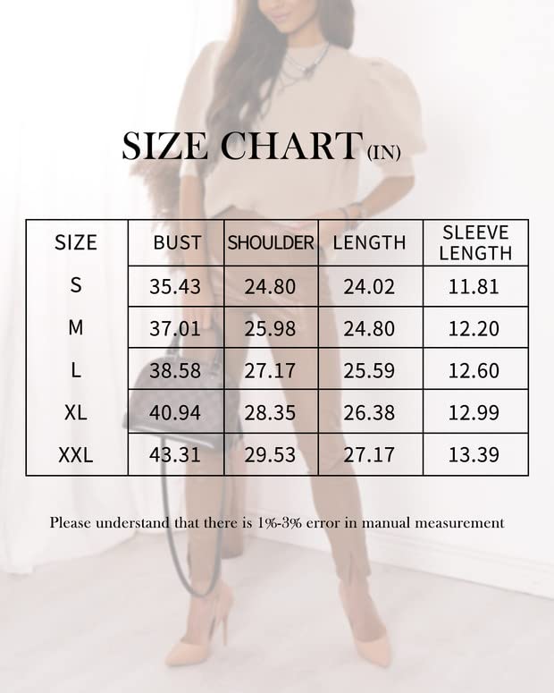 Women's Puff Short Sleeve Sweater Tops 2023 Spring Summer Trendy Crew/Square/V Neck Casual T Shirts Blouses A-Beige - Image 2