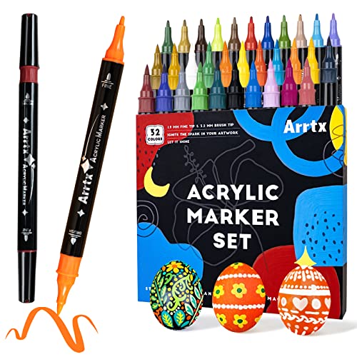 Arrtx Acrylic Paint Pens, 32 Colors Brush Tip and Fine Tip (Dual Tip) Paint Markers for Rock Painting, Water Based Acrylic Painting Supplies for Fabric Painting,Wood, Plastic, Canvas, Easter Egg - Image 8