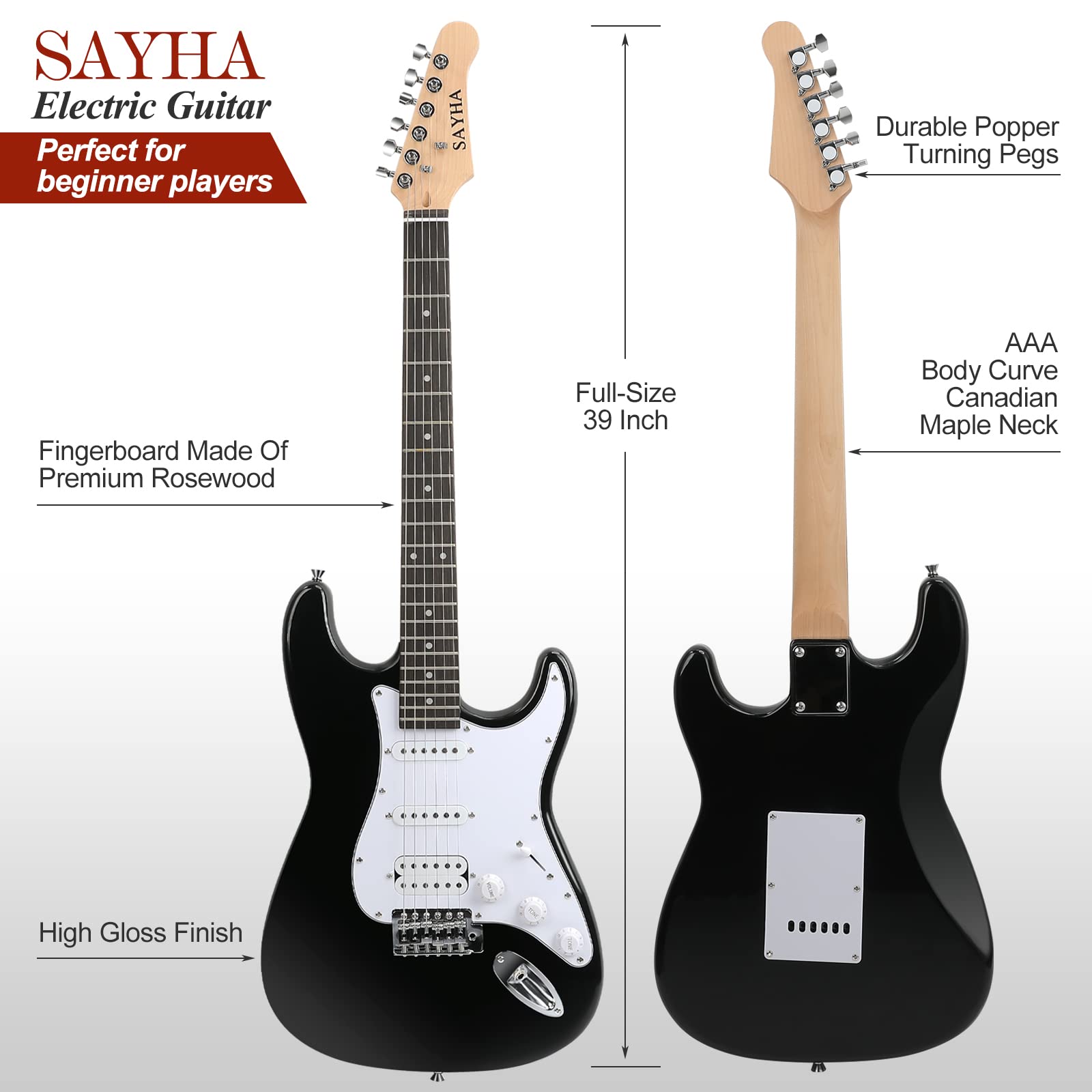 SAYHA Electric Guitar, 39 Inch Solid Full-size Electric Guitar HSS Pickups Starter Kit Includes Amplifier, Bag, Digital Tuner, Strap, String, Cable, Picks(Black) - Image 5