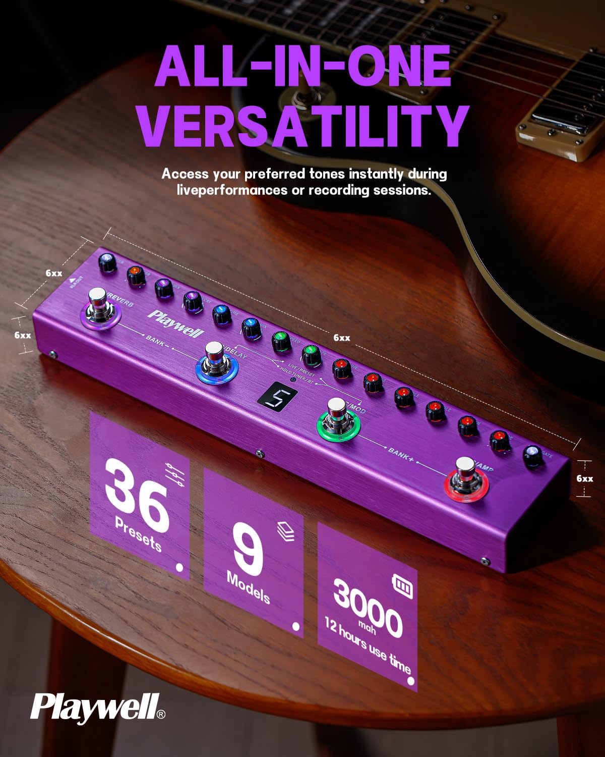 Playwell Multi Effects Guitar Pedal TANK-G,Digital Electric Guitar Effector with 36 Editable Presets,Chorus,Delay,Reverb,MOD,IR Loading,Recording,Tuner,Built-in battery,BT connection - Image 5