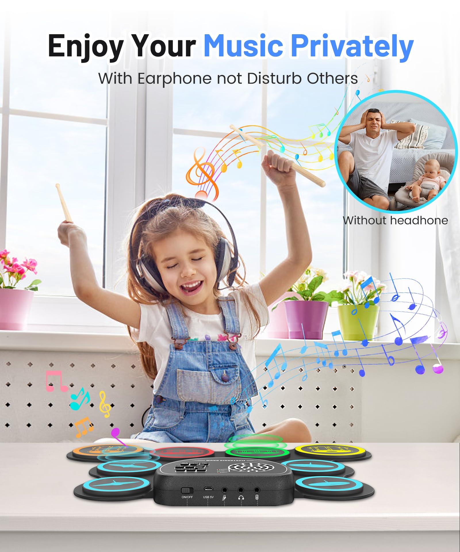 Sboet Electronic Drum Set, 9-Drum Practice Pad with Headphone Jack, Roll-up Drum Kit Machine with Built-in Speaker Drum Pedals and Sticks 10 Hours Playtime, Great Christmas Holiday Gifts for Kids - Image 3